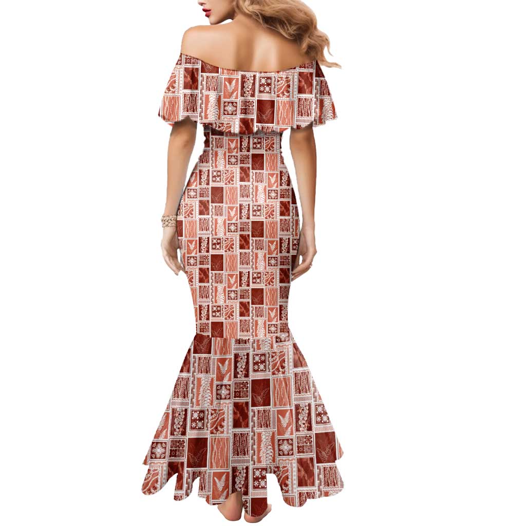 Vintage Aloha Block Quilt Mermaid Dress Red Inspired Lei Motifs - Polynesian Pride