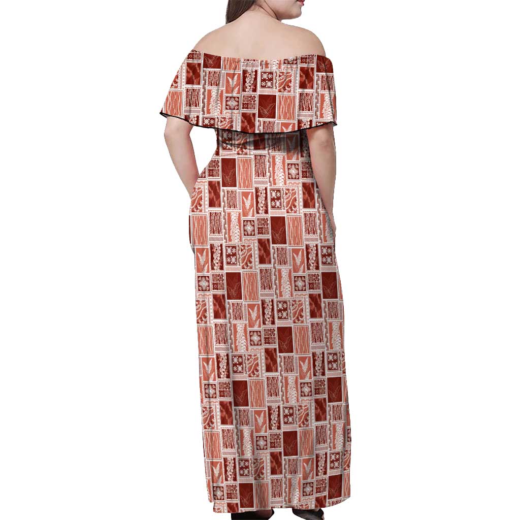 Vintage Aloha Block Quilt Off Shoulder Maxi Dress Red Inspired Lei Motifs - Polynesian Pride