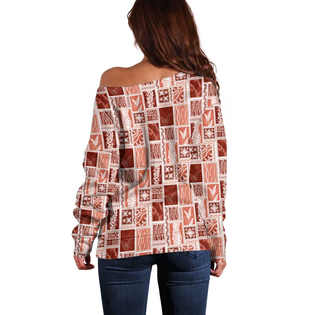 Vintage Aloha Block Quilt Off Shoulder Sweater Red Inspired Lei Motifs - Polynesian Pride