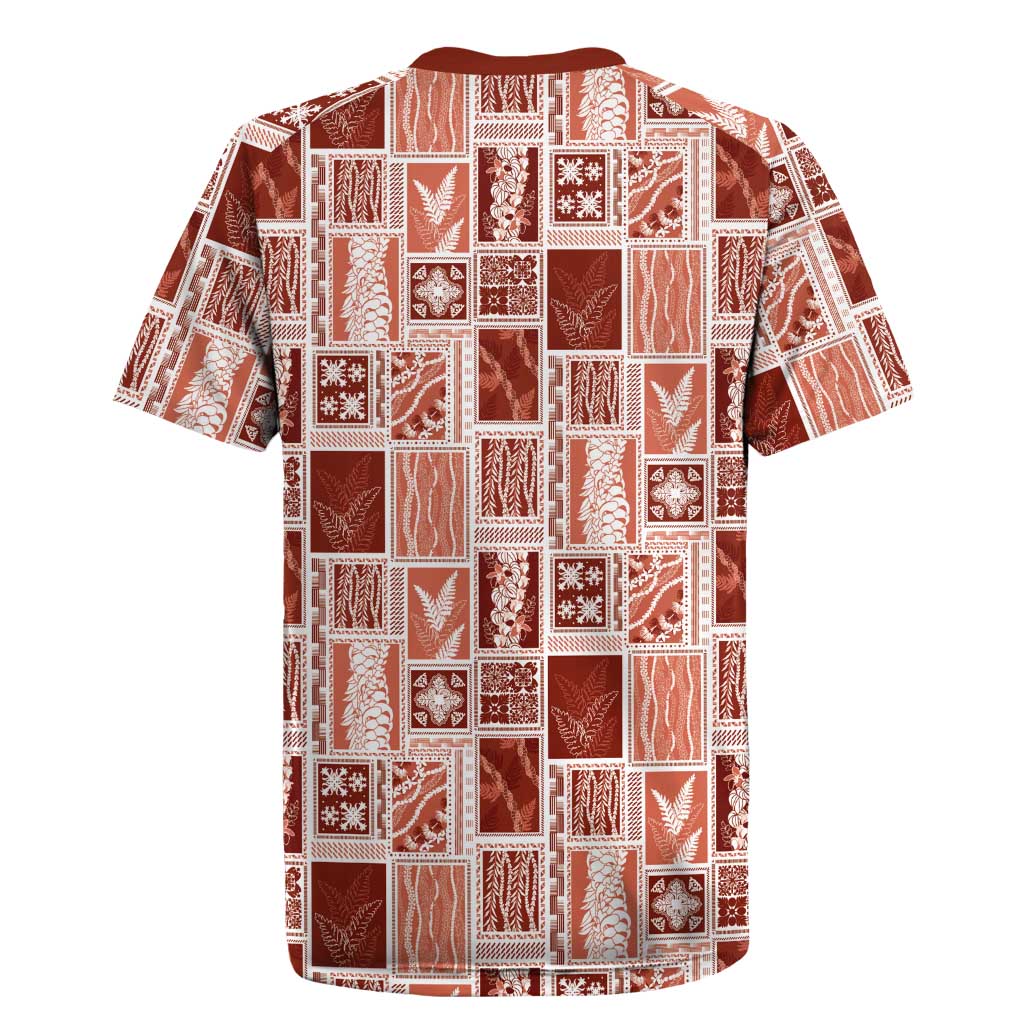 Vintage Aloha Block Quilt Rugby Jersey Red Inspired Lei Motifs - Polynesian Pride