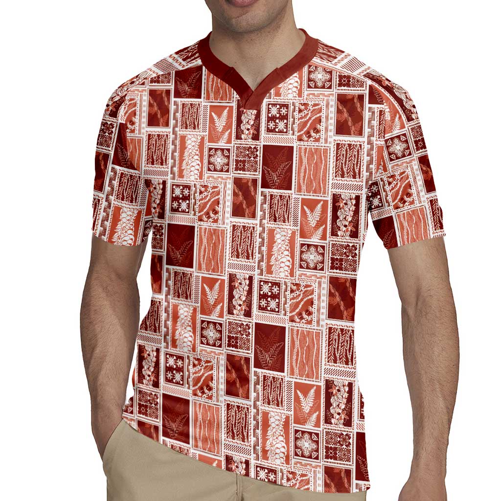 Vintage Aloha Block Quilt Rugby Jersey Red Inspired Lei Motifs - Polynesian Pride
