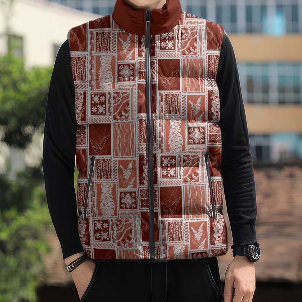 Vintage Aloha Block Quilt Sleeveless Puffer Jacket Red Inspired Lei Motifs - Polynesian Pride