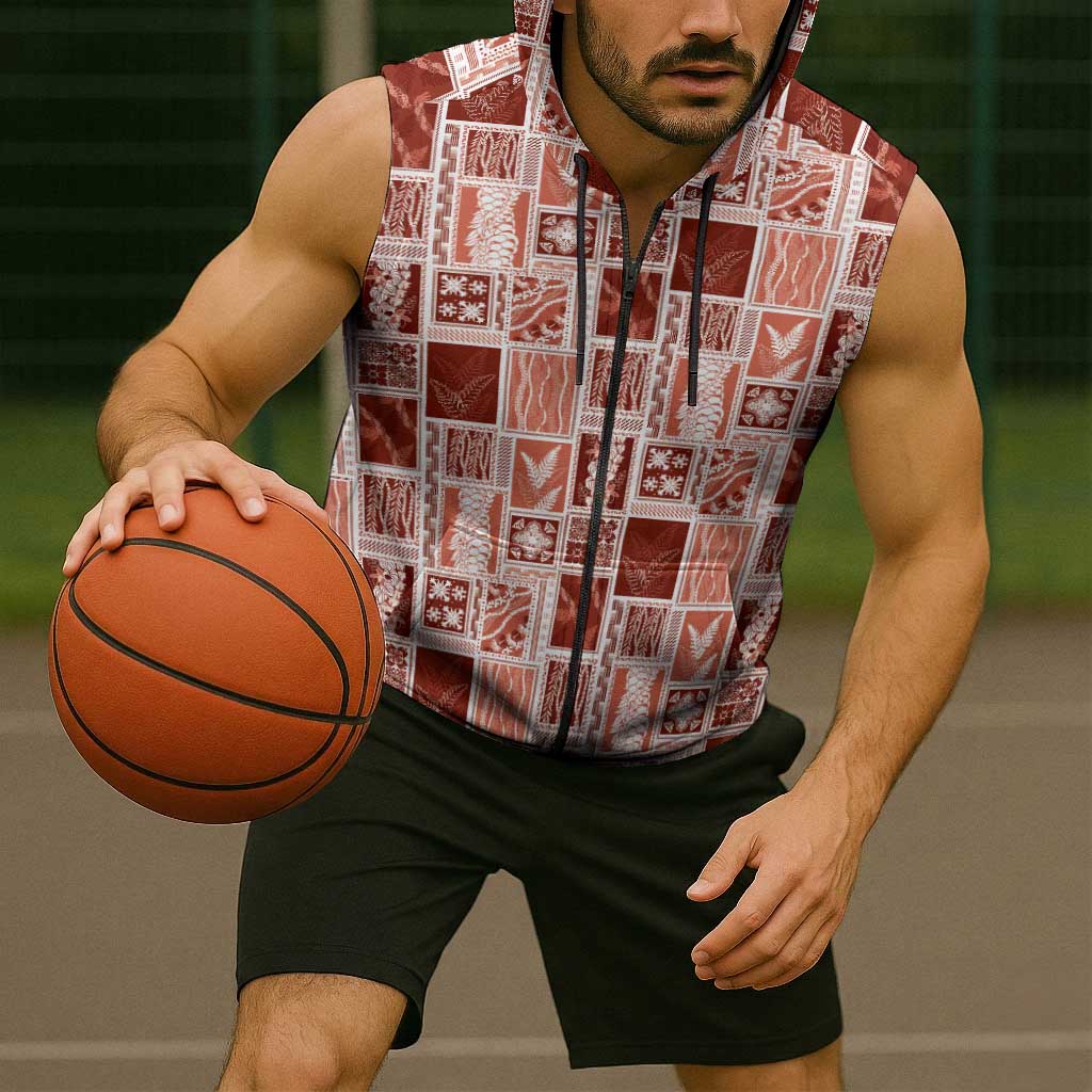 Vintage Aloha Block Quilt Sleeveless Zip Hoodie Red Inspired Lei Motifs - Polynesian Pride