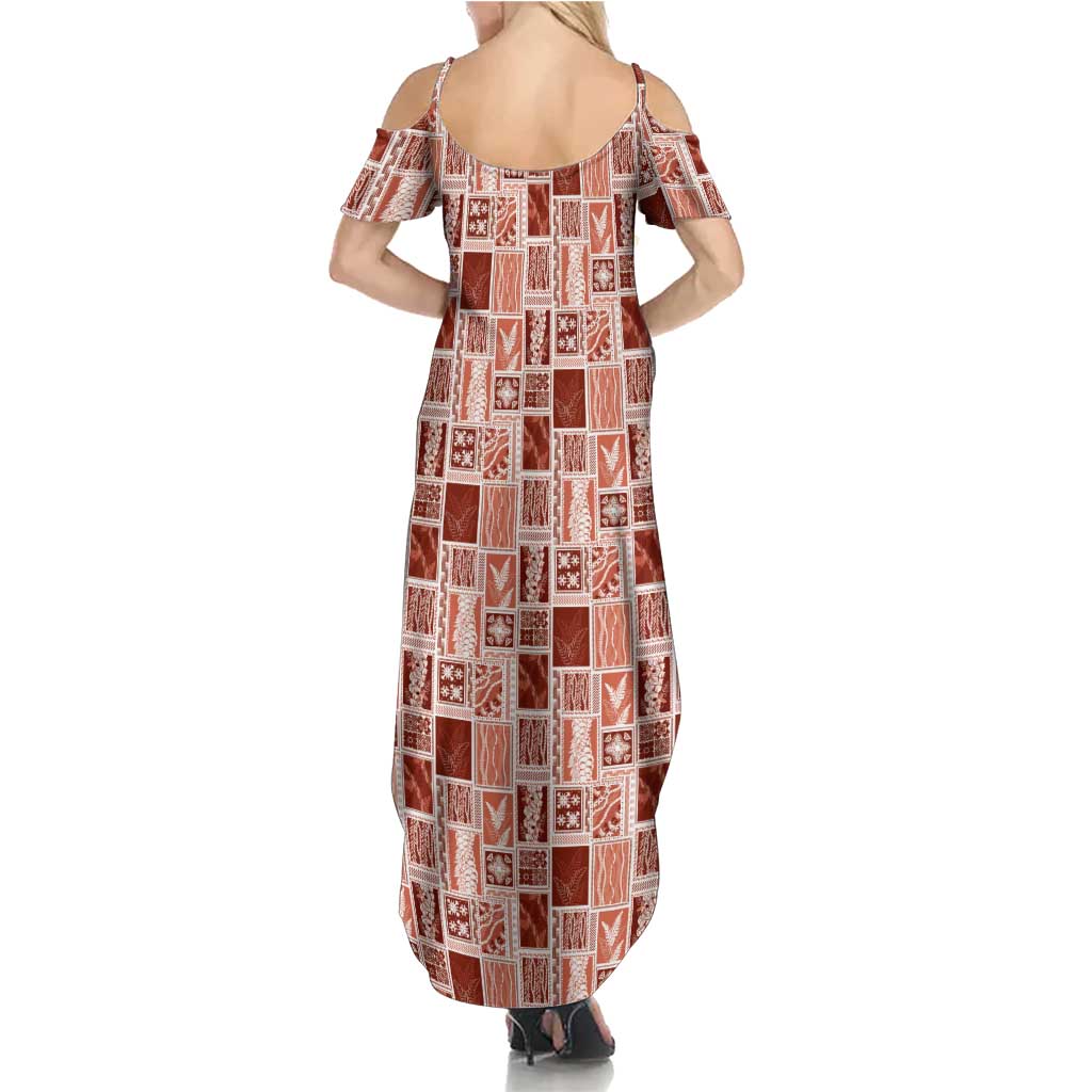 Vintage Aloha Block Quilt Summer Maxi Dress Red Inspired Lei Motifs - Polynesian Pride