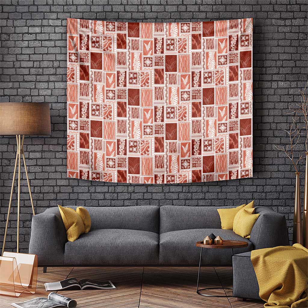 Vintage Aloha Block Quilt Tapestry Red Inspired Lei Motifs - Polynesian Pride