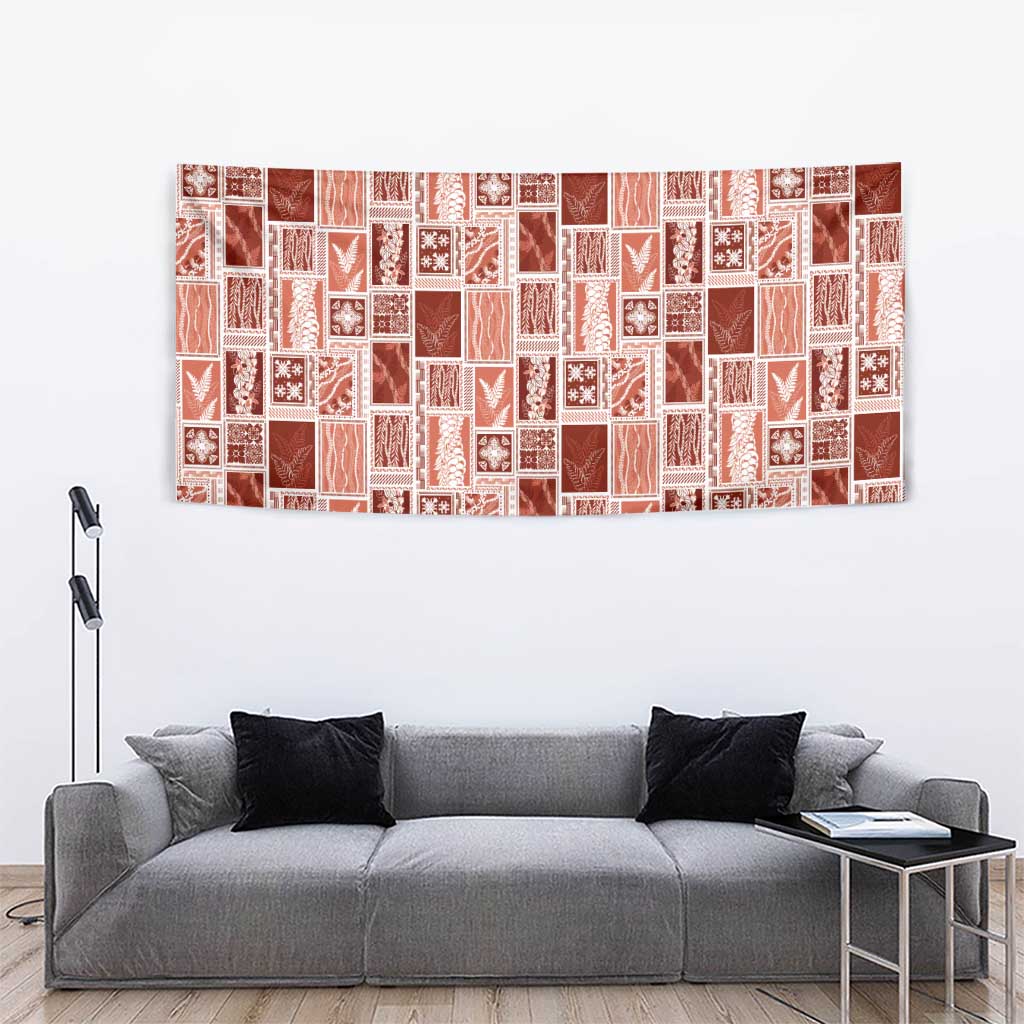 Vintage Aloha Block Quilt Tapestry Red Inspired Lei Motifs - Polynesian Pride