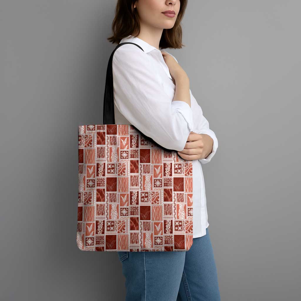 Vintage Aloha Block Quilt Tote Bag Red Inspired Lei Motifs - Polynesian Pride