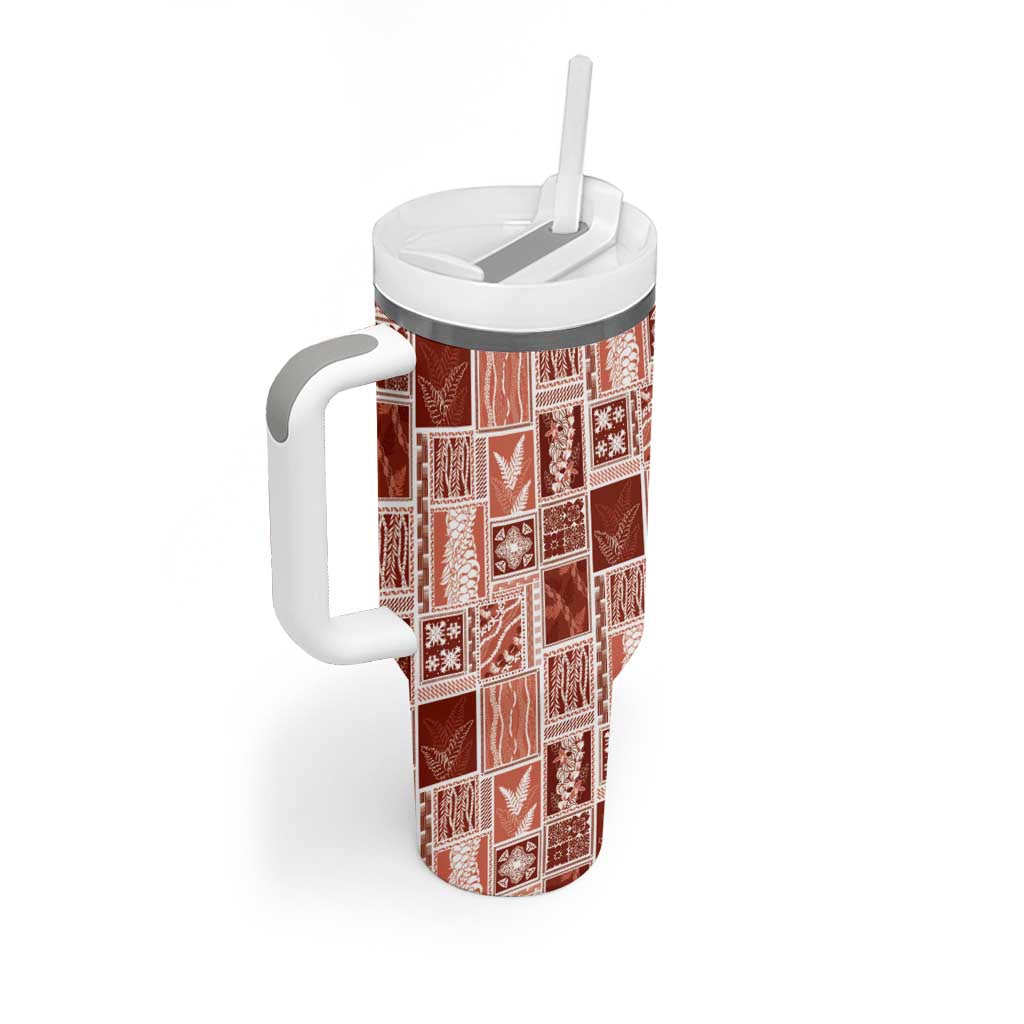 Vintage Aloha Block Quilt Tumbler With Handle Red Inspired Lei Motifs - Polynesian Pride