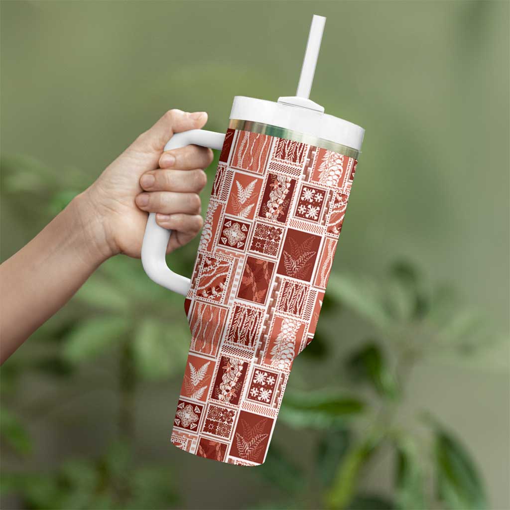 Vintage Aloha Block Quilt Tumbler With Handle Red Inspired Lei Motifs - Polynesian Pride