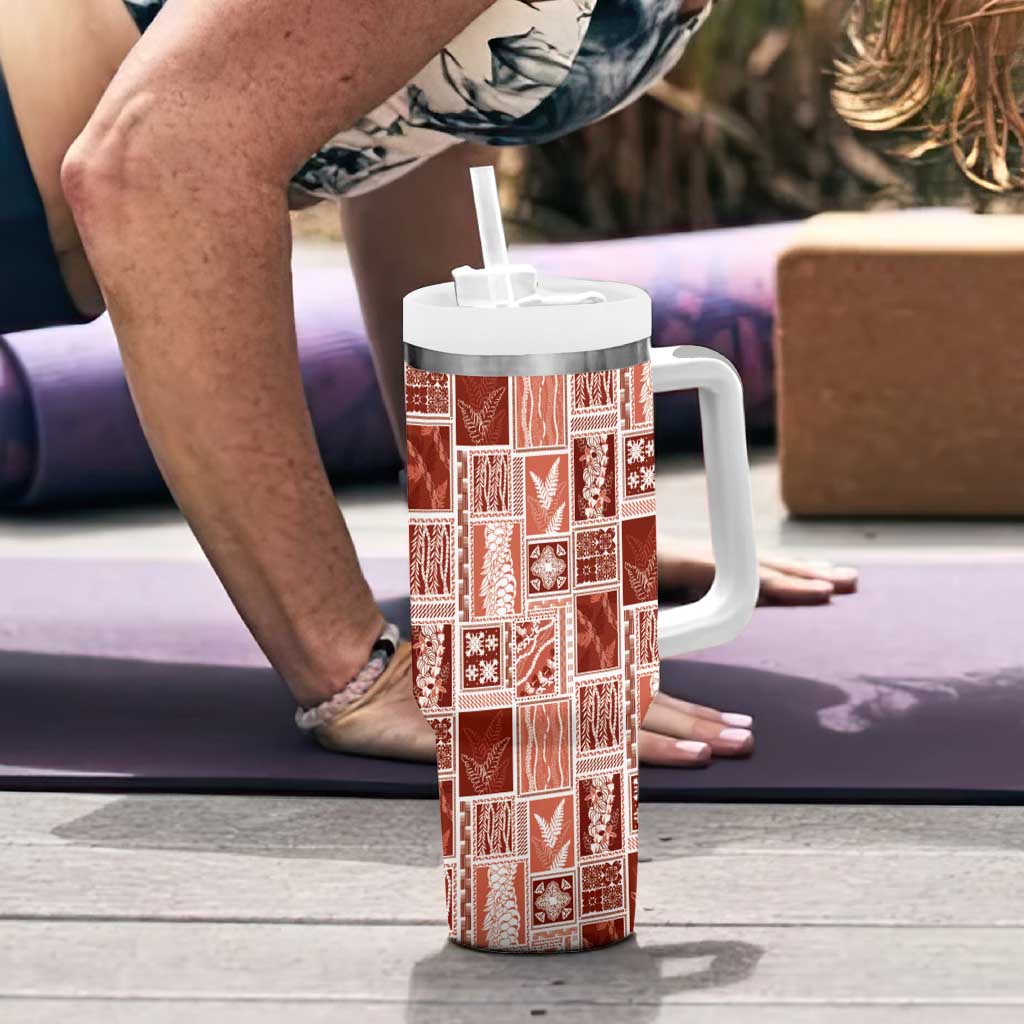 Vintage Aloha Block Quilt Tumbler With Handle Red Inspired Lei Motifs - Polynesian Pride