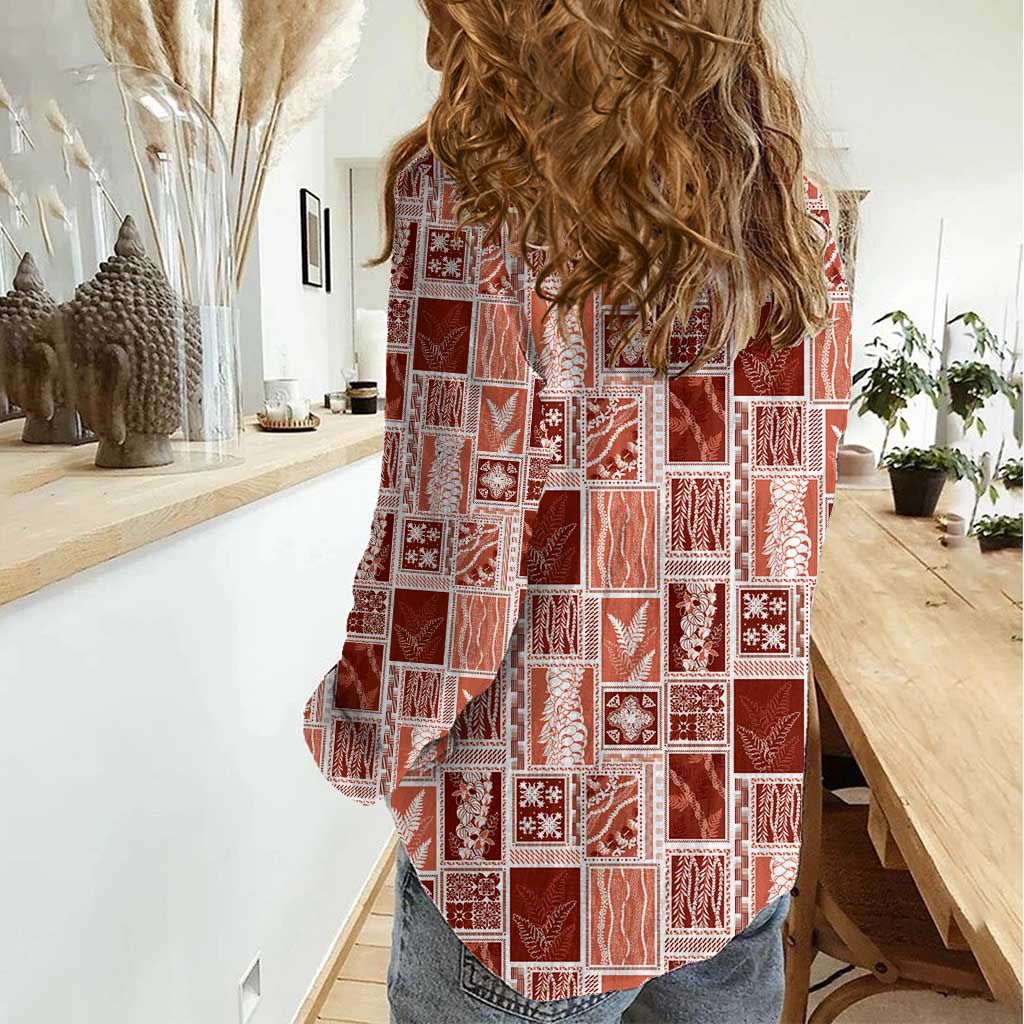 Vintage Aloha Block Quilt Women Casual Shirt Red Inspired Lei Motifs - Polynesian Pride