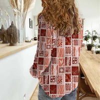 Vintage Aloha Block Quilt Women Casual Shirt Red Inspired Lei Motifs - Polynesian Pride