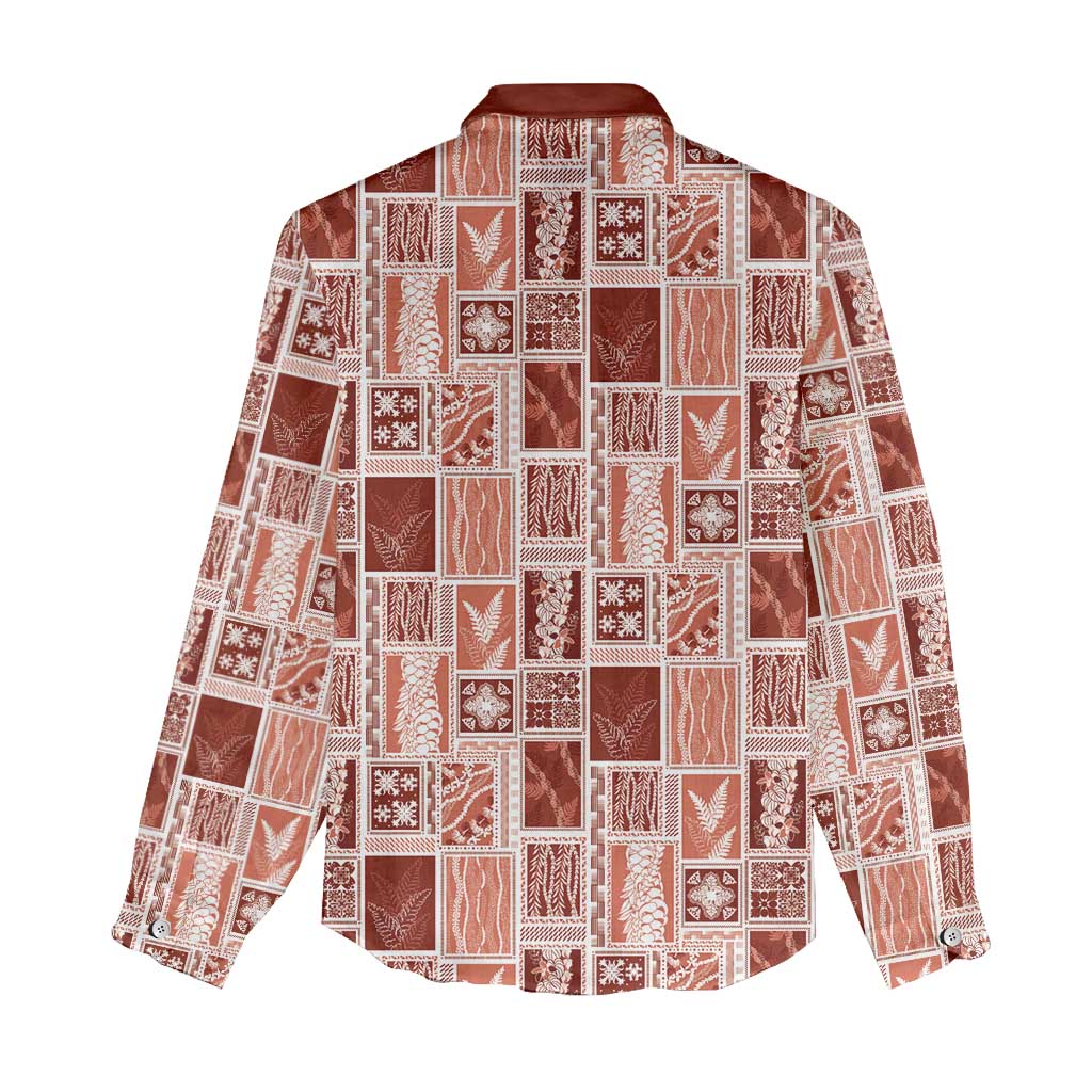 Vintage Aloha Block Quilt Women Casual Shirt Red Inspired Lei Motifs - Polynesian Pride