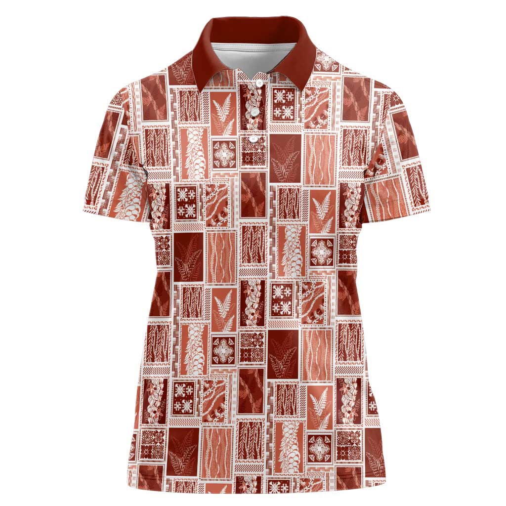 Vintage Aloha Block Quilt Women Polo Shirt Red Inspired Lei Motifs - Polynesian Pride