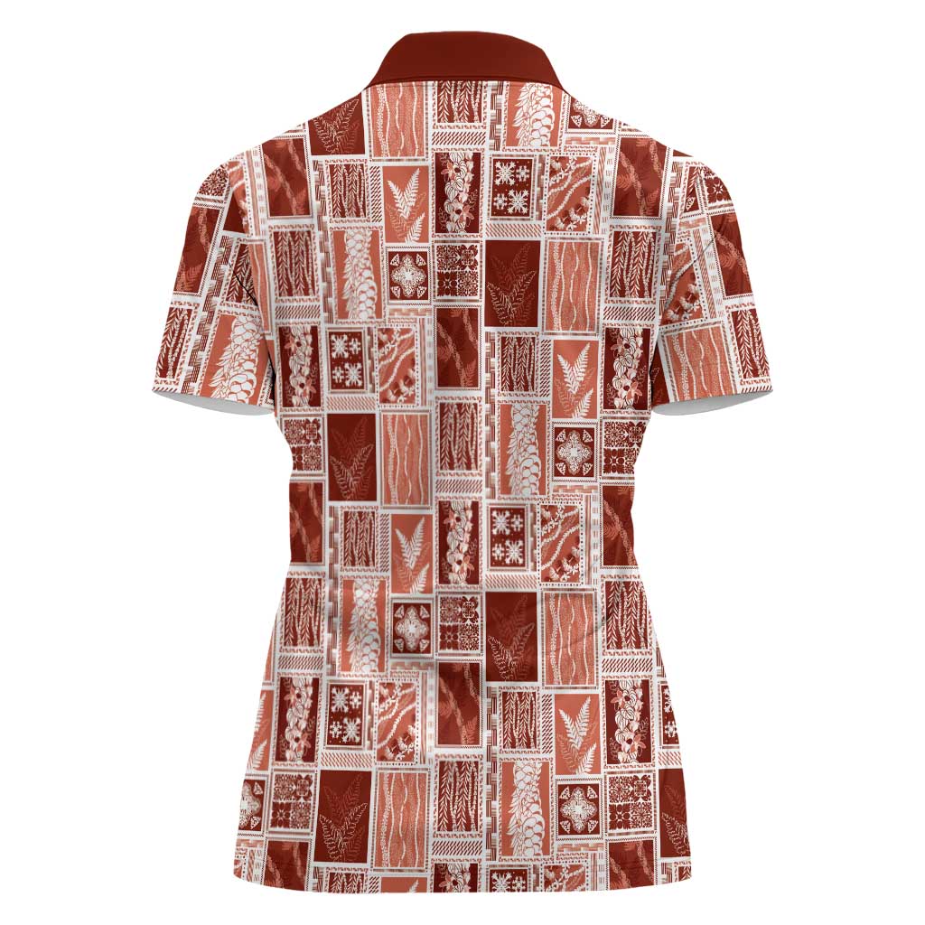 Vintage Aloha Block Quilt Women Polo Shirt Red Inspired Lei Motifs LT9 - Polynesian Pride