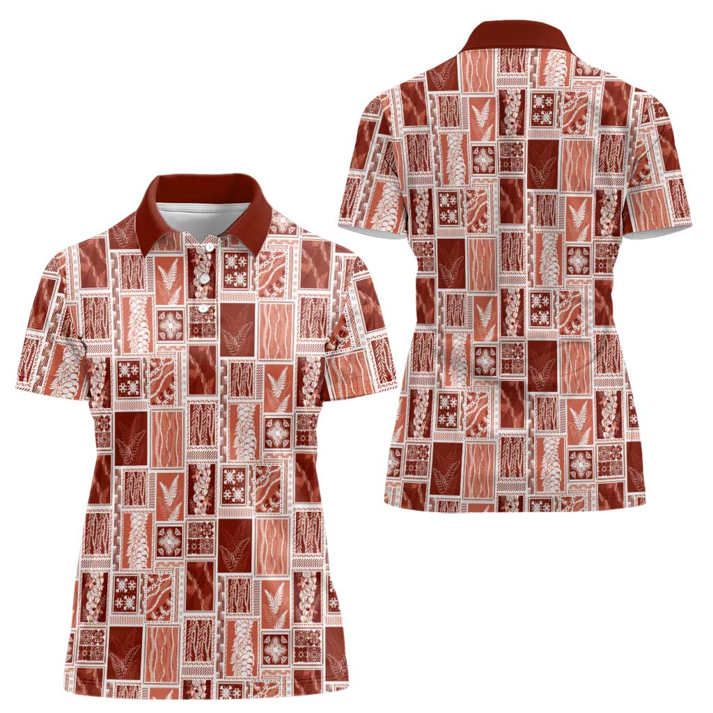 Vintage Aloha Block Quilt Women Polo Shirt Red Inspired Lei Motifs LT9 - Polynesian Pride