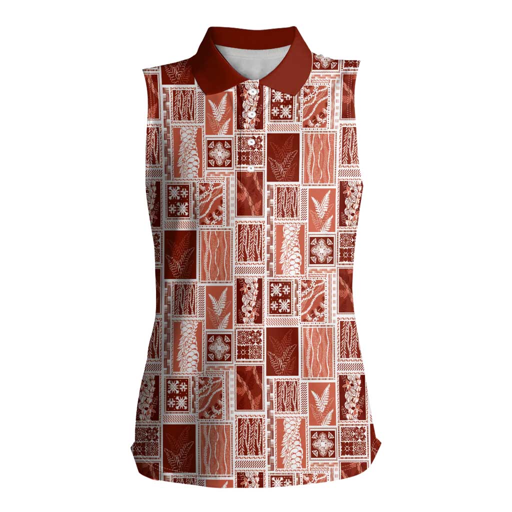 Vintage Aloha Block Quilt Women Sleeveless Polo Shirt Red Inspired Lei Motifs LT9 Female Red - Polynesian Pride