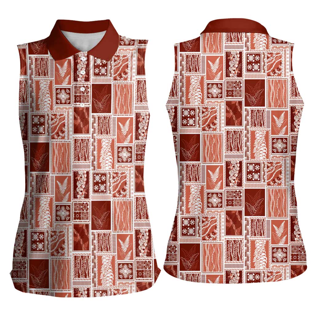 Vintage Aloha Block Quilt Women Sleeveless Polo Shirt Red Inspired Lei Motifs LT9 - Polynesian Pride