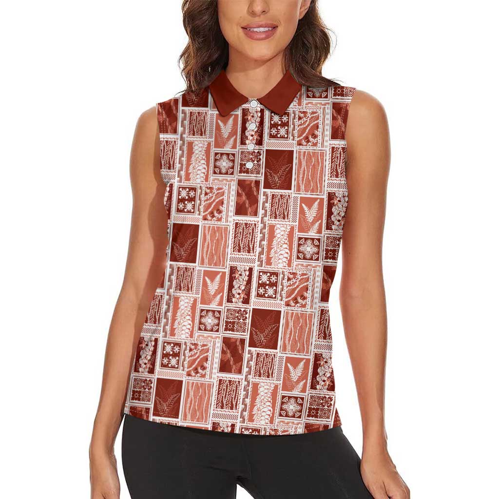 Vintage Aloha Block Quilt Women Sleeveless Polo Shirt Red Inspired Lei Motifs LT9 - Polynesian Pride