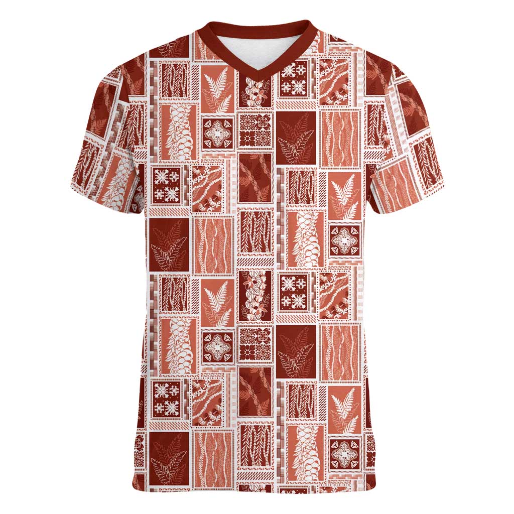 Vintage Aloha Block Quilt Women V-Neck T-Shirt Red Inspired Lei Motifs - Polynesian Pride
