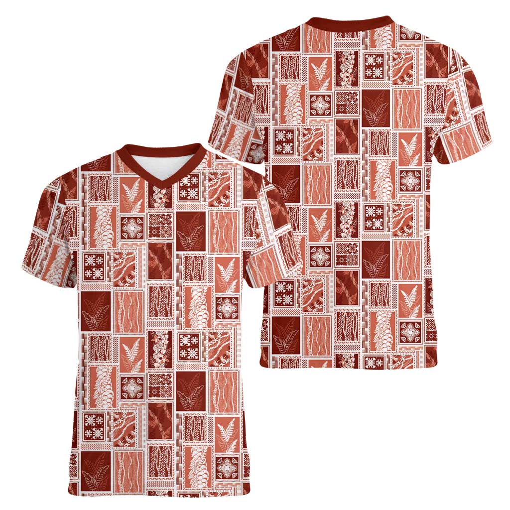 Vintage Aloha Block Quilt Women V-Neck T-Shirt Red Inspired Lei Motifs - Polynesian Pride