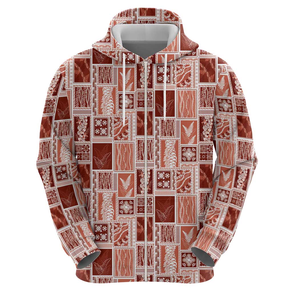 Vintage Aloha Block Quilt Zip Hoodie Red Inspired Lei Motifs - Polynesian Pride