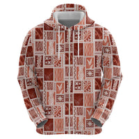 Vintage Aloha Block Quilt Zip Hoodie Red Inspired Lei Motifs - Polynesian Pride