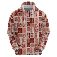 Vintage Aloha Block Quilt Zip Hoodie Red Inspired Lei Motifs - Polynesian Pride