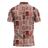 Vintage Aloha Block Quilt Zipper Polo Shirt Red Inspired Lei Motifs - Polynesian Pride