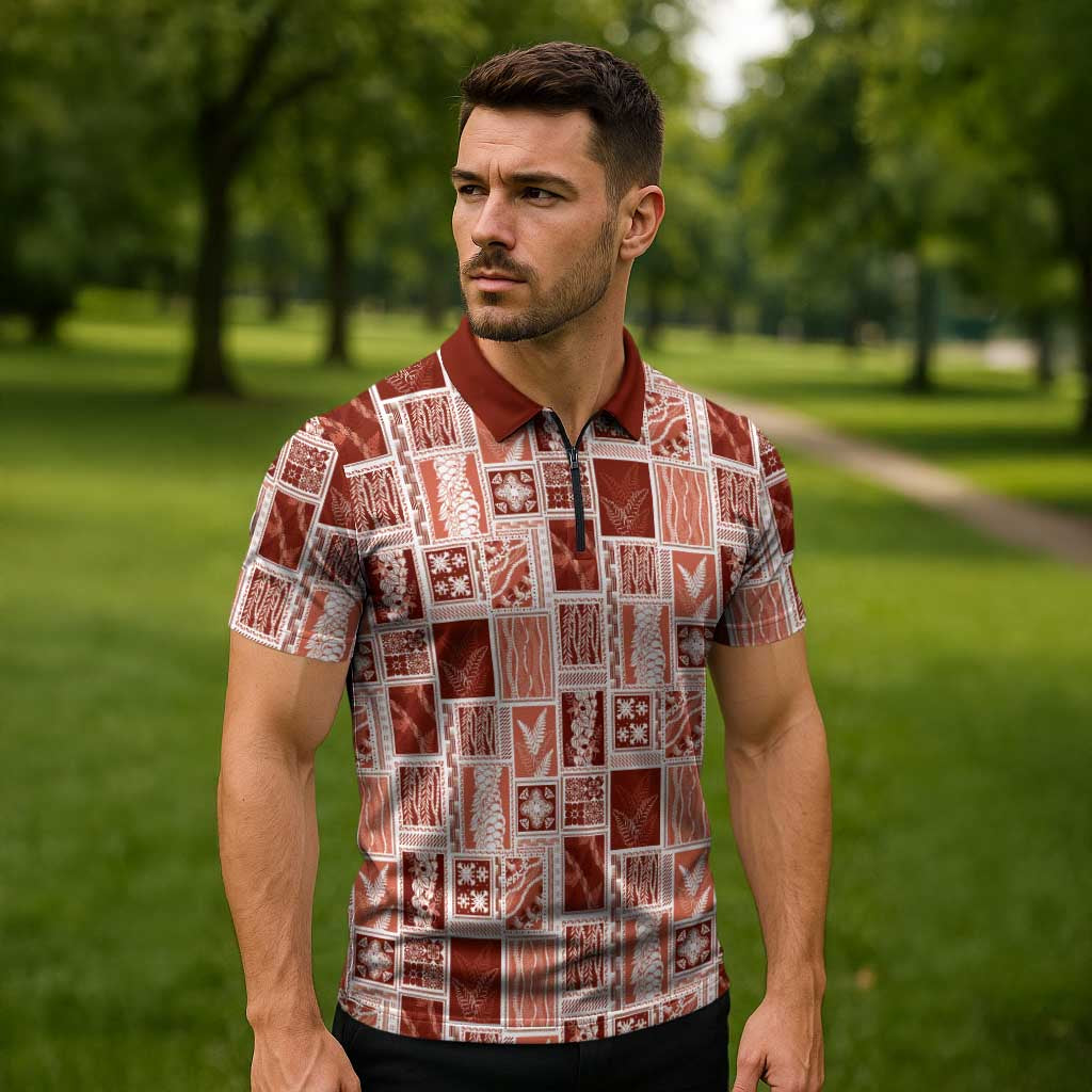 Vintage Aloha Block Quilt Zipper Polo Shirt Red Inspired Lei Motifs - Polynesian Pride