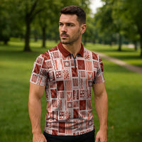 Vintage Aloha Block Quilt Zipper Polo Shirt Red Inspired Lei Motifs - Polynesian Pride