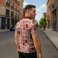Vintage Aloha Block Quilt Zipper Polo Shirt Red Inspired Lei Motifs - Polynesian Pride