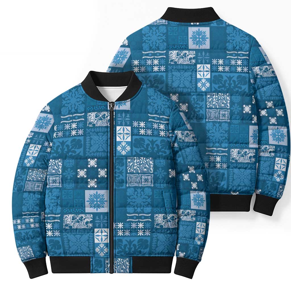 Vintage Hawaiian Quilting Patterns Bomber Puffer Jacket Blue Style Tribal Fabric Patchwork - Polynesian Pride