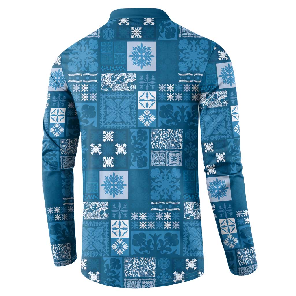 Vintage Hawaiian Quilting Patterns Button Sweatshirt Blue Style Tribal Fabric Patchwork - Polynesian Pride