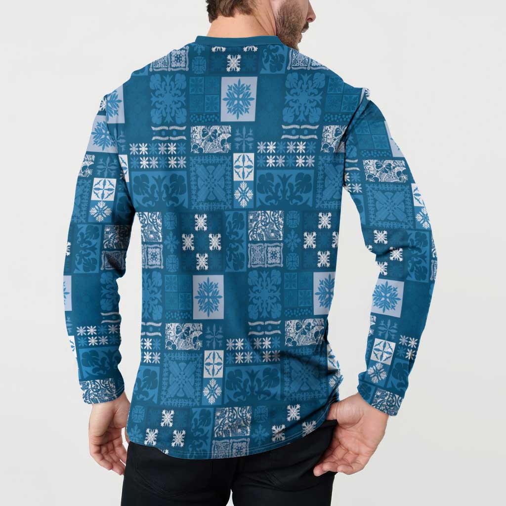 Vintage Hawaiian Quilting Patterns Button Sweatshirt Blue Style Tribal Fabric Patchwork - Polynesian Pride