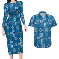 Vintage Hawaiian Quilting Patterns Couples Matching Long Sleeve Bodycon Dress and Hawaiian Shirt Blue Style Tribal Fabric Patchwork - Polynesian Pride