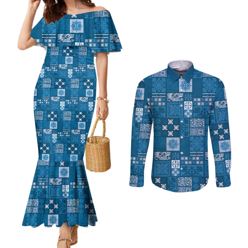 Vintage Hawaiian Quilting Patterns Couples Matching Mermaid Dress and Long Sleeve Button Shirt Blue Style Tribal Fabric Patchwork - Polynesian Pride