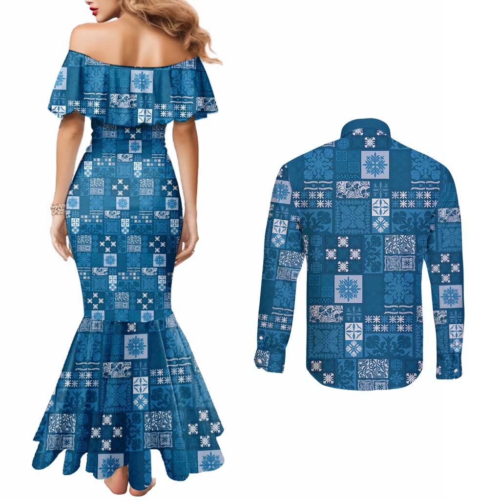 Vintage Hawaiian Quilting Patterns Couples Matching Mermaid Dress and Long Sleeve Button Shirt Blue Style Tribal Fabric Patchwork - Polynesian Pride