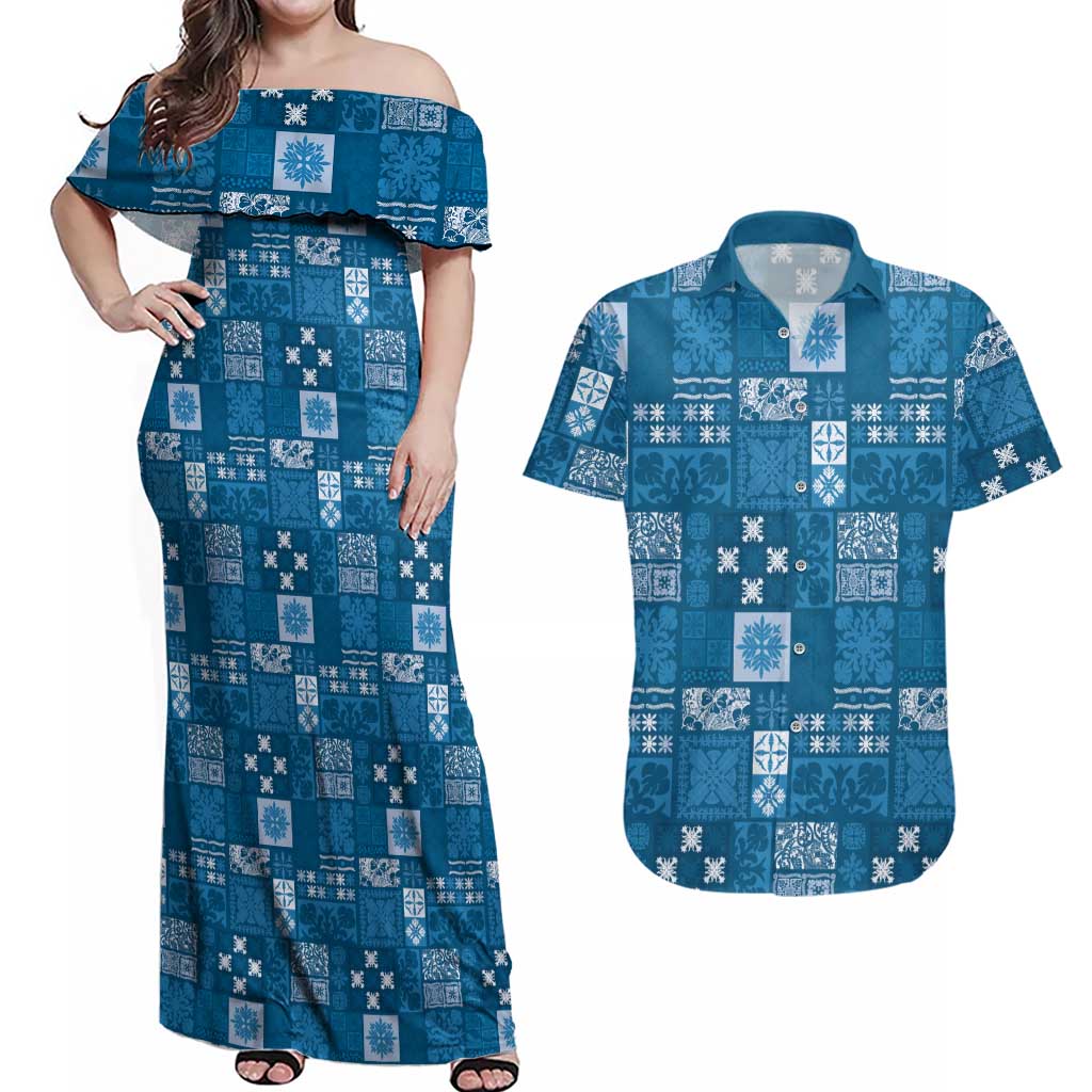 Vintage Hawaiian Quilting Patterns Couples Matching Off Shoulder Maxi Dress and Hawaiian Shirt Blue Style Tribal Fabric Patchwork - Polynesian Pride