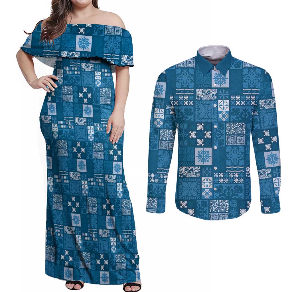 Vintage Hawaiian Quilting Patterns Couples Matching Off Shoulder Maxi Dress and Long Sleeve Button Shirt Blue Style Tribal Fabric Patchwork - Polynesian Pride