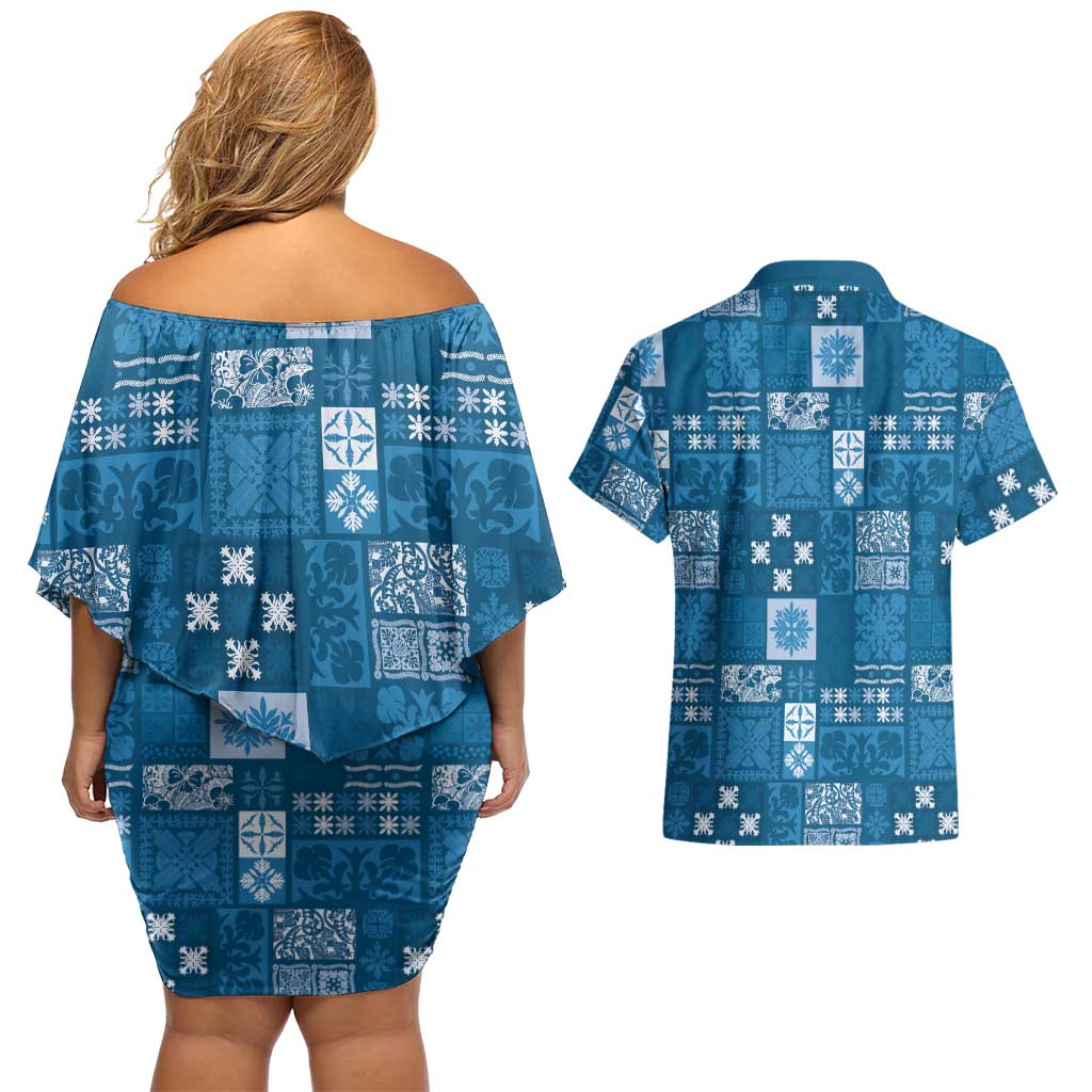 Vintage Hawaiian Quilting Patterns Couples Matching Off Shoulder Short Dress and Hawaiian Shirt Blue Style Tribal Fabric Patchwork - Polynesian Pride