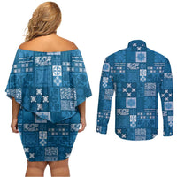 Vintage Hawaiian Quilting Patterns Couples Matching Off Shoulder Short Dress and Long Sleeve Button Shirt Blue Style Tribal Fabric Patchwork - Polynesian Pride
