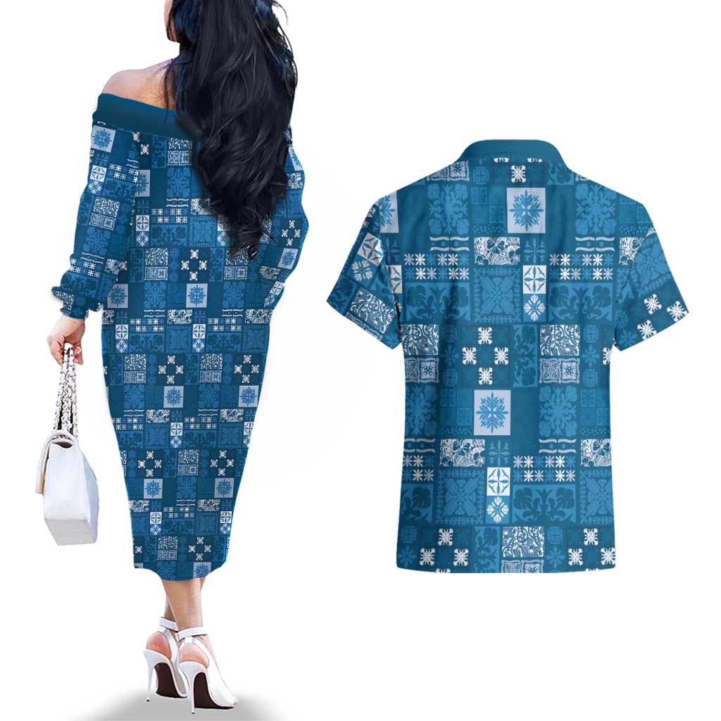 Vintage Hawaiian Quilting Patterns Couples Matching Off The Shoulder Long Sleeve Dress and Hawaiian Shirt Blue Style Tribal Fabric Patchwork - Polynesian Pride