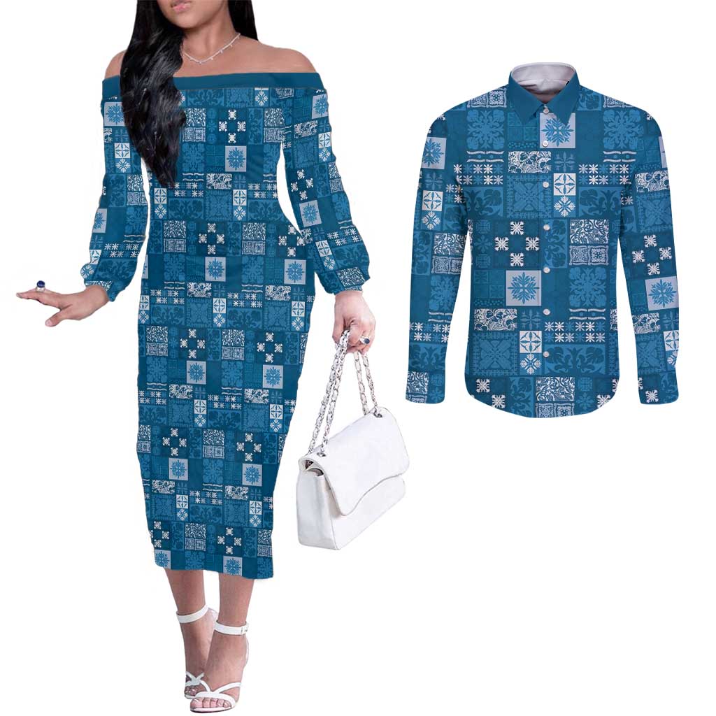 Vintage Hawaiian Quilting Patterns Couples Matching Off The Shoulder Long Sleeve Dress and Long Sleeve Button Shirt Blue Style Tribal Fabric Patchwork - Polynesian Pride