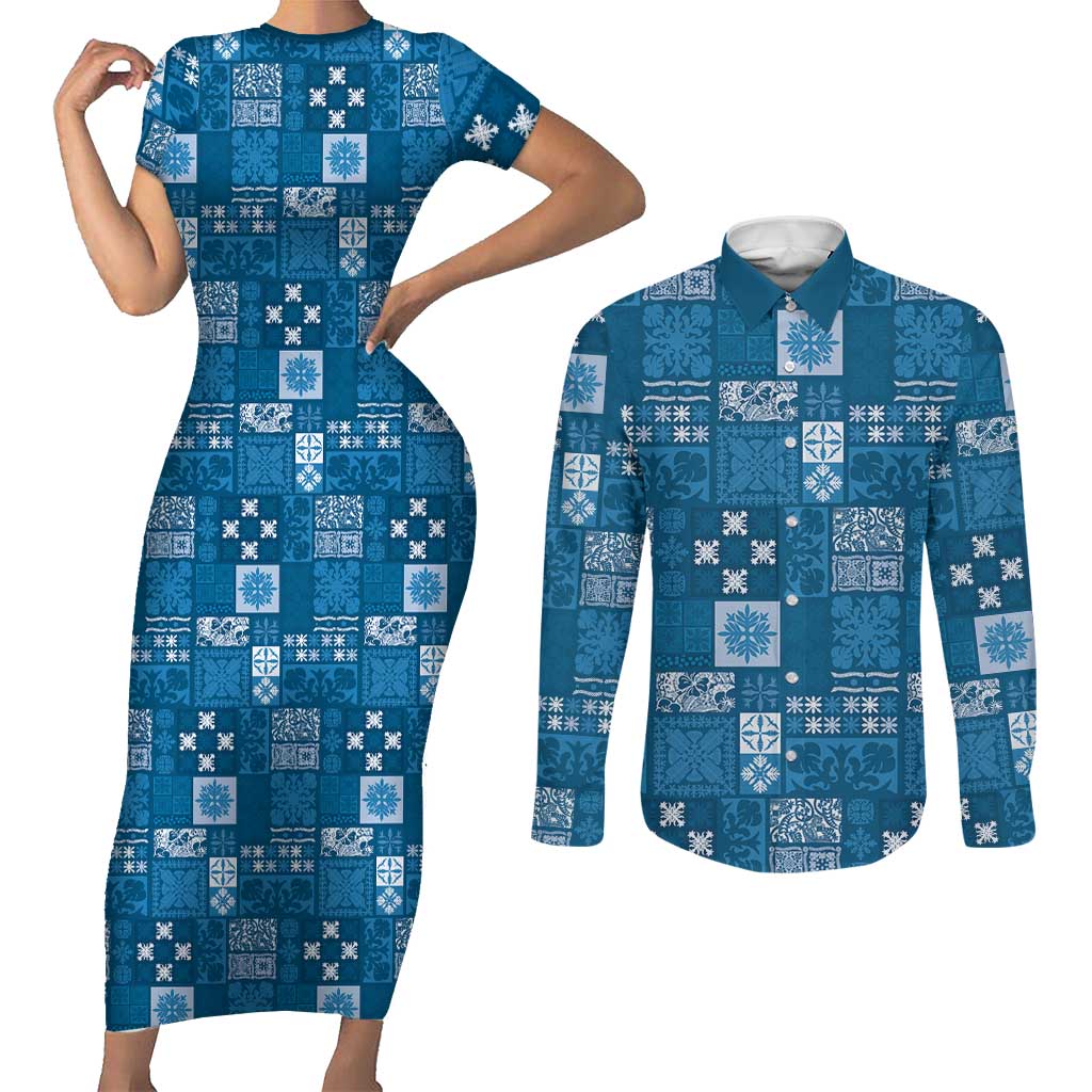 Vintage Hawaiian Quilting Patterns Couples Matching Short Sleeve Bodycon Dress and Long Sleeve Button Shirt Blue Style Tribal Fabric Patchwork - Polynesian Pride