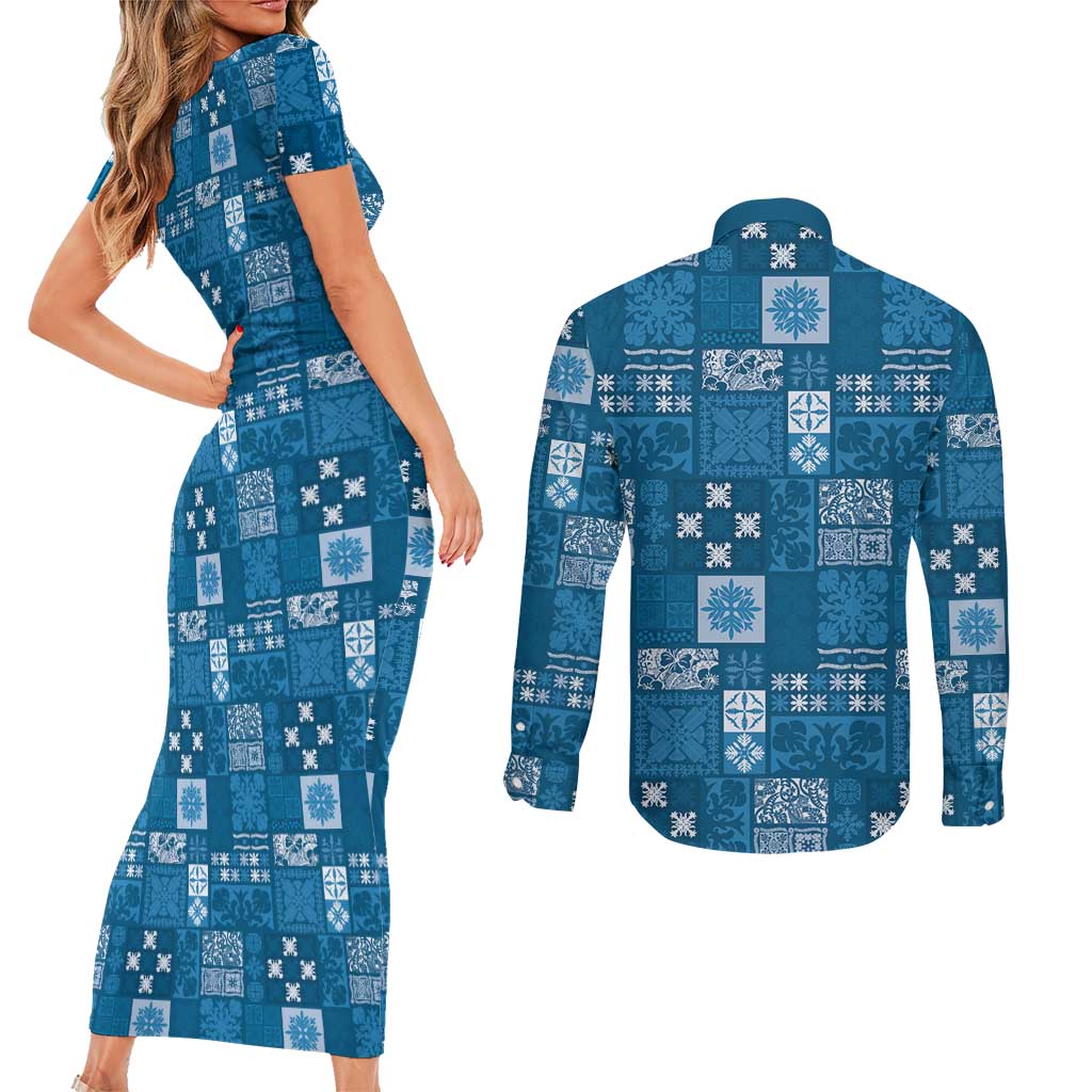 Vintage Hawaiian Quilting Patterns Couples Matching Short Sleeve Bodycon Dress and Long Sleeve Button Shirt Blue Style Tribal Fabric Patchwork - Polynesian Pride