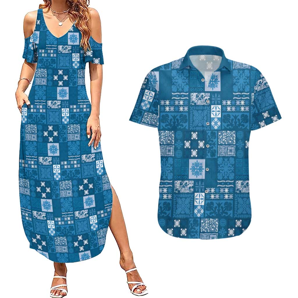 Vintage Hawaiian Quilting Patterns Couples Matching Summer Maxi Dress and Hawaiian Shirt Blue Style Tribal Fabric Patchwork - Polynesian Pride