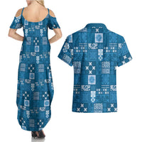Vintage Hawaiian Quilting Patterns Couples Matching Summer Maxi Dress and Hawaiian Shirt Blue Style Tribal Fabric Patchwork - Polynesian Pride