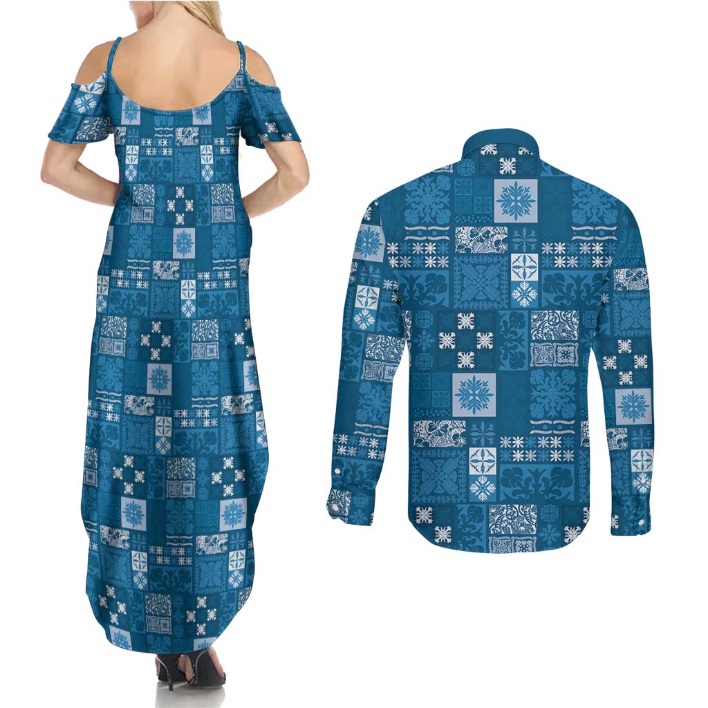 Vintage Hawaiian Quilting Patterns Couples Matching Summer Maxi Dress and Long Sleeve Button Shirt Blue Style Tribal Fabric Patchwork - Polynesian Pride