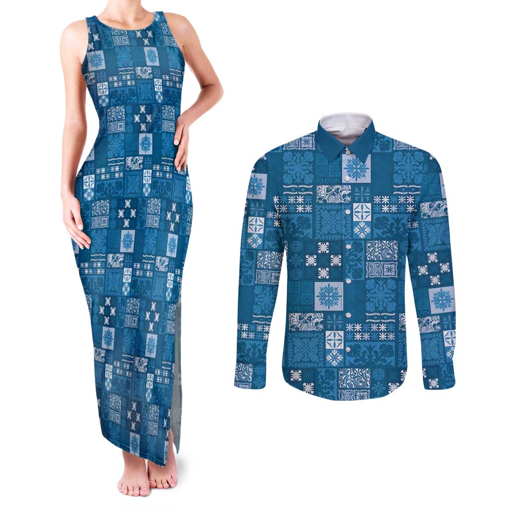 Vintage Hawaiian Quilting Patterns Couples Matching Tank Maxi Dress and Long Sleeve Button Shirt Blue Style Tribal Fabric Patchwork - Polynesian Pride